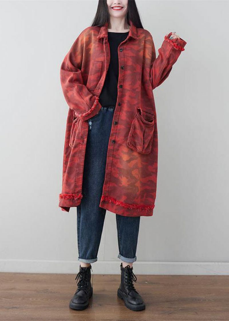 Boho Rood Oversized Patchwork Zakken Katoenen Trenchcoat Lente - Dames trenchcoats