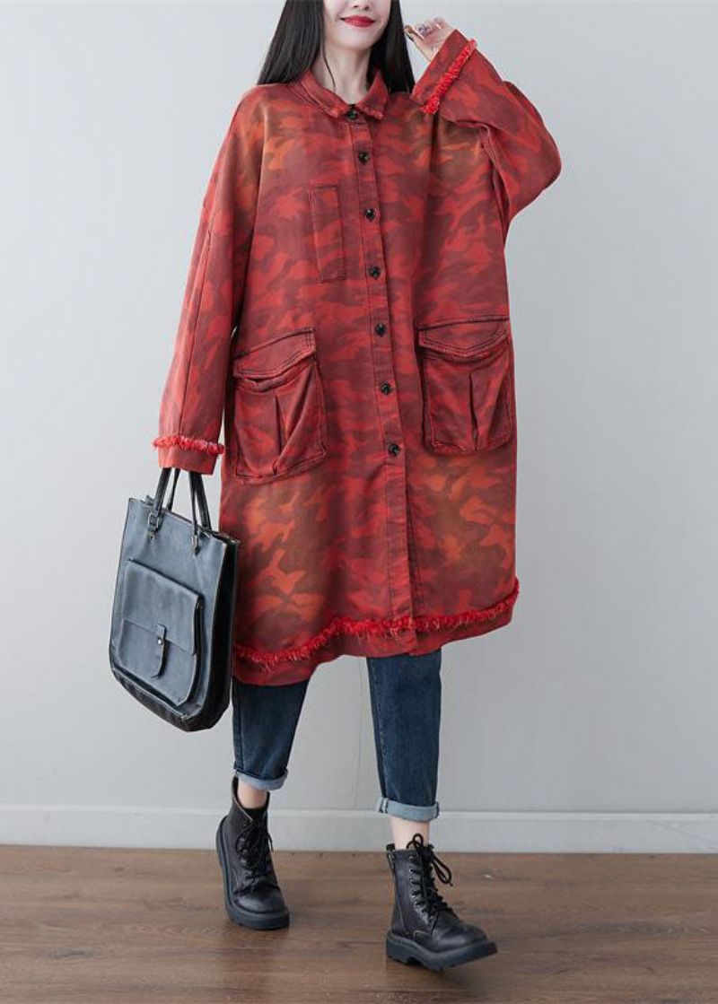 Boho Rood Oversized Patchwork Zakken Katoenen Trenchcoat Lente - Dames trenchcoats