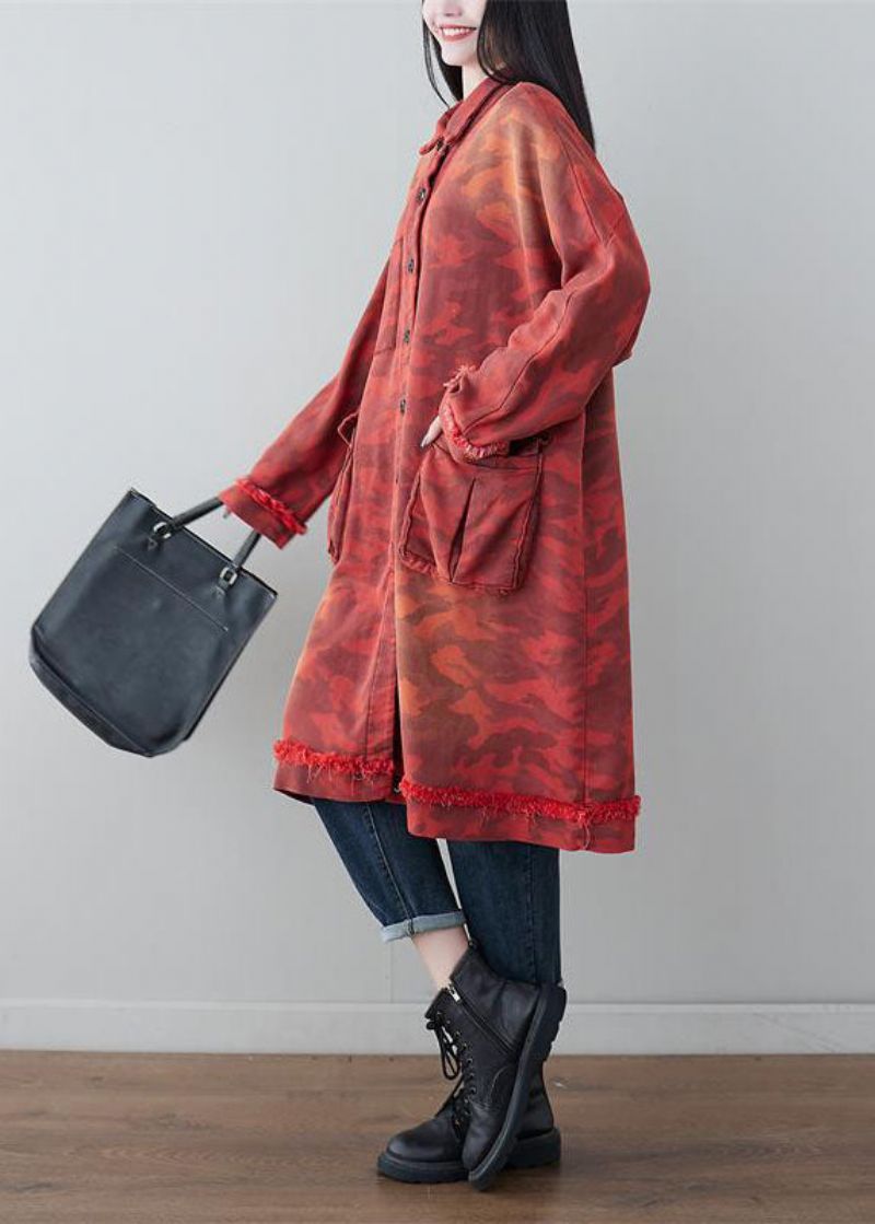 Boho Rood Oversized Patchwork Zakken Katoenen Trenchcoat Lente - Dames trenchcoats