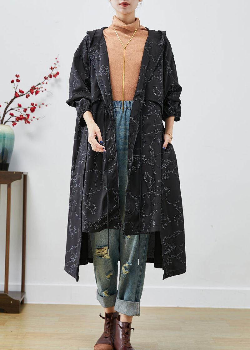 Boho Zwarte Asymmetrische Print Spandex Trenchcoats Met Trekkoord Herfst