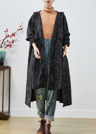 Boho Zwarte Asymmetrische Print Spandex Trenchcoats Met Trekkoord Herfst