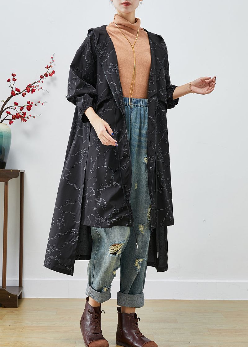 Boho Zwarte Asymmetrische Print Spandex Trenchcoats Met Trekkoord Herfst - Dames trenchcoats