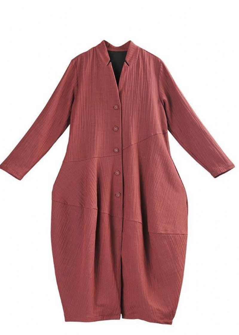 Boho Zwarte Knop Lange Linnen Trenchcoat - Zwart