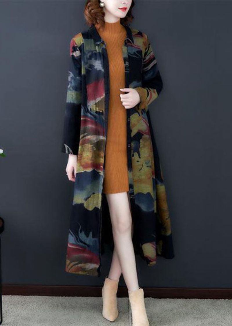 Boho Zwarte Turn-down Kraag Print Katoen Lange Trenchcoats Met Mouwen - Dames trenchcoats