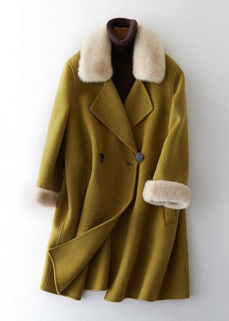 Boutique Beige Wollen Jassen Oversized Middellange Bontkraagjas Dubbele Borst - Dames trenchcoats