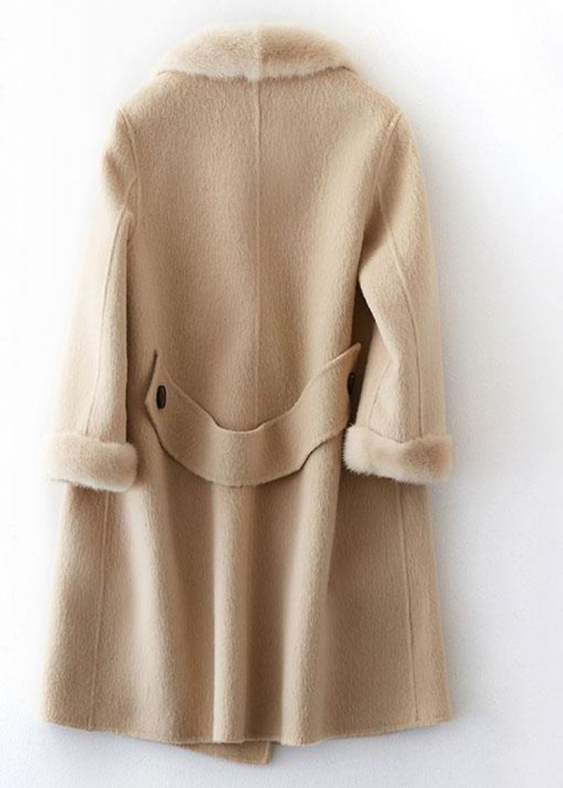 Boutique Beige Wollen Jassen Oversized Middellange Bontkraagjas Dubbele Borst - Dames trenchcoats