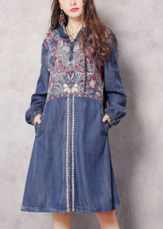 Boutique Blauwe Ritssluiting Met Capuchon Geborduurde Zakken Denim Trenchcoats Lente