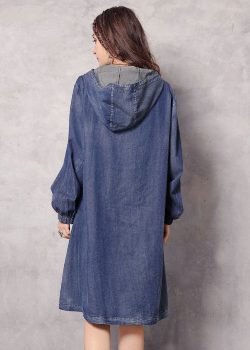 Boutique Blauwe Ritssluiting Met Capuchon Geborduurde Zakken Denim Trenchcoats Lente - Dames trenchcoats