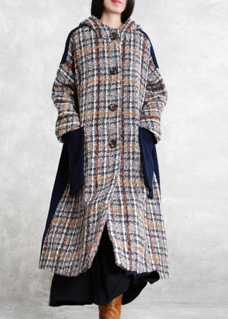 Boutique Casual Lange Winterjas Blauw Geruite Patchwork Wollen Overjas Met Capuchon - Dames trenchcoats