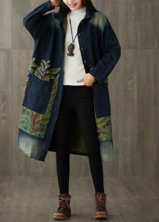 Boutique Marineblauwe Peter Pan Kraag Zakken Knopenprint Herfst Denim Trenchcoat Met Lange Mouwen