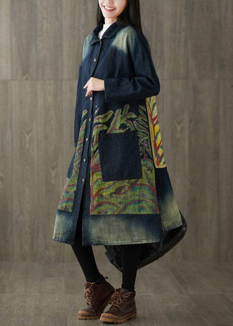 Boutique Marineblauwe Peter Pan Kraag Zakken Knopenprint Herfst Denim Trenchcoat Met Lange Mouwen - Dames trenchcoats