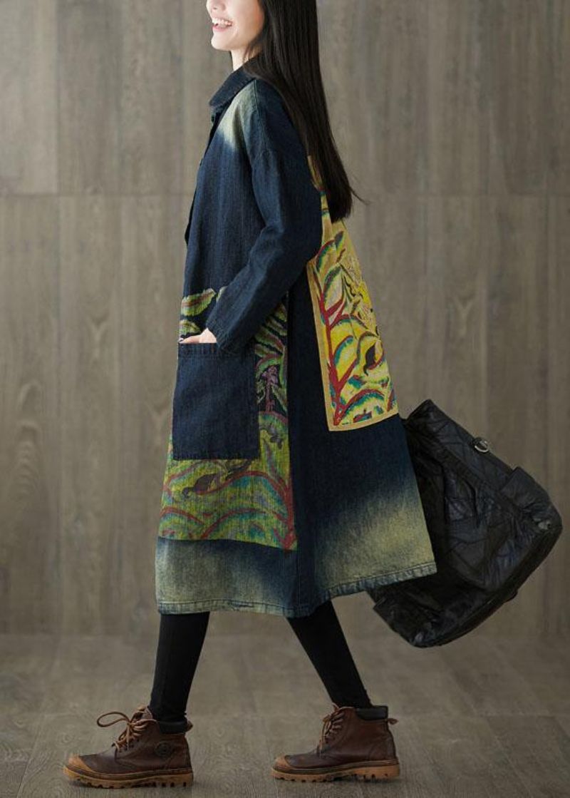 Boutique Marineblauwe Peter Pan Kraag Zakken Knopenprint Herfst Denim Trenchcoat Met Lange Mouwen - Dames trenchcoats