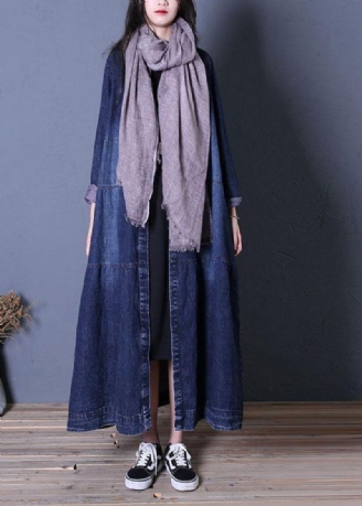 Boutique Oversized Denimblauwe Patchwork Button-down Damesjassen Met Lange Herfst