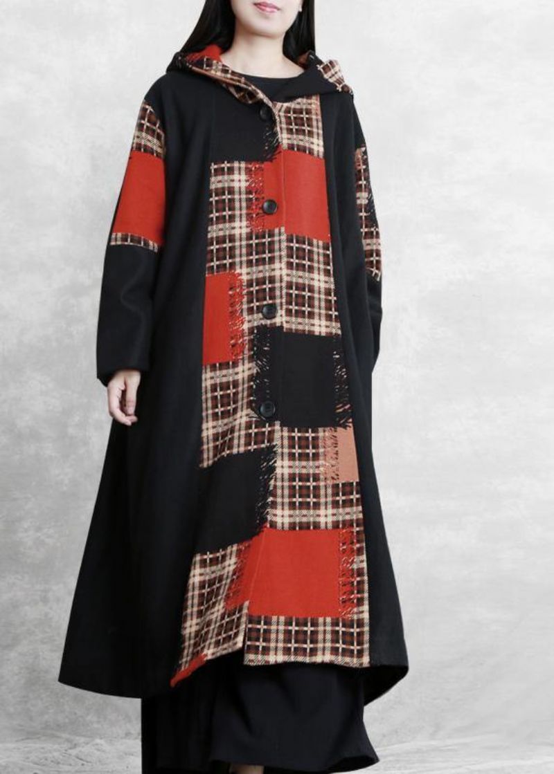 Boutique Oversized Lange Jassen Jas Zwart Geruite Patchwork Wollen Overjas Met Capuchon - Dames trenchcoats