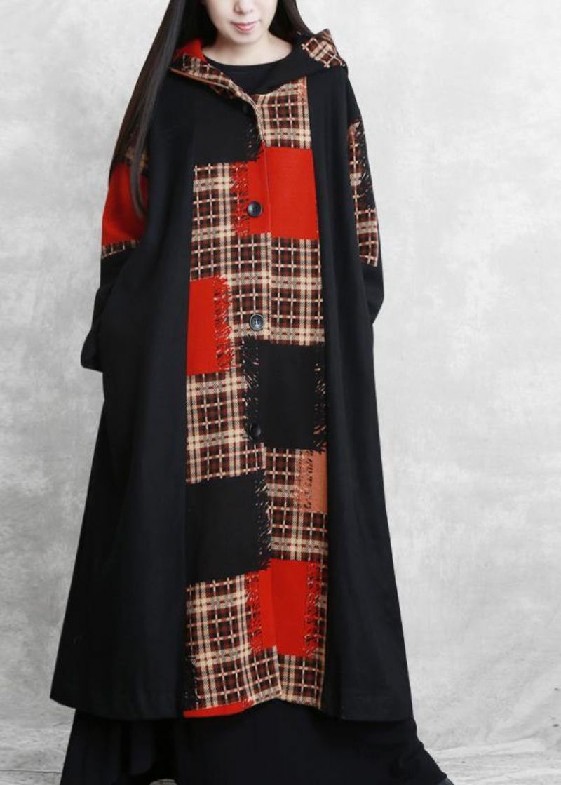 Boutique Oversized Lange Jassen Jas Zwart Geruite Patchwork Wollen Overjas Met Capuchon - Dames trenchcoats