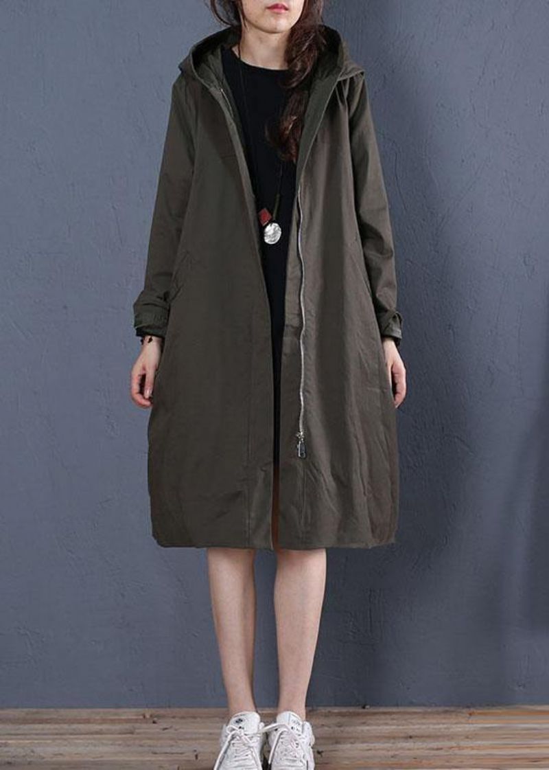 Boutique Oversized Middellange Jassen Herfstjas Grijsgroene Jas Met Ritssluiting En Capuchon - Dames trenchcoats