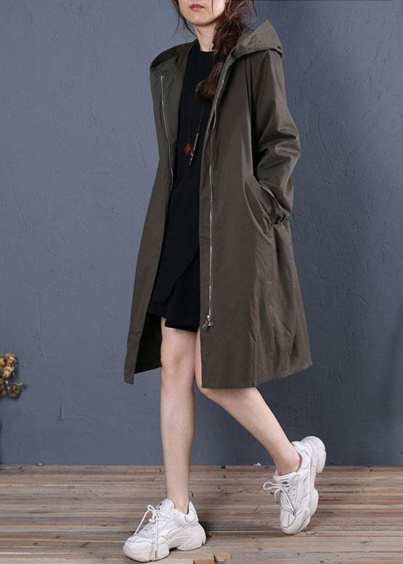 Boutique Oversized Middellange Jassen Herfstjas Grijsgroene Jas Met Ritssluiting En Capuchon - Dames trenchcoats