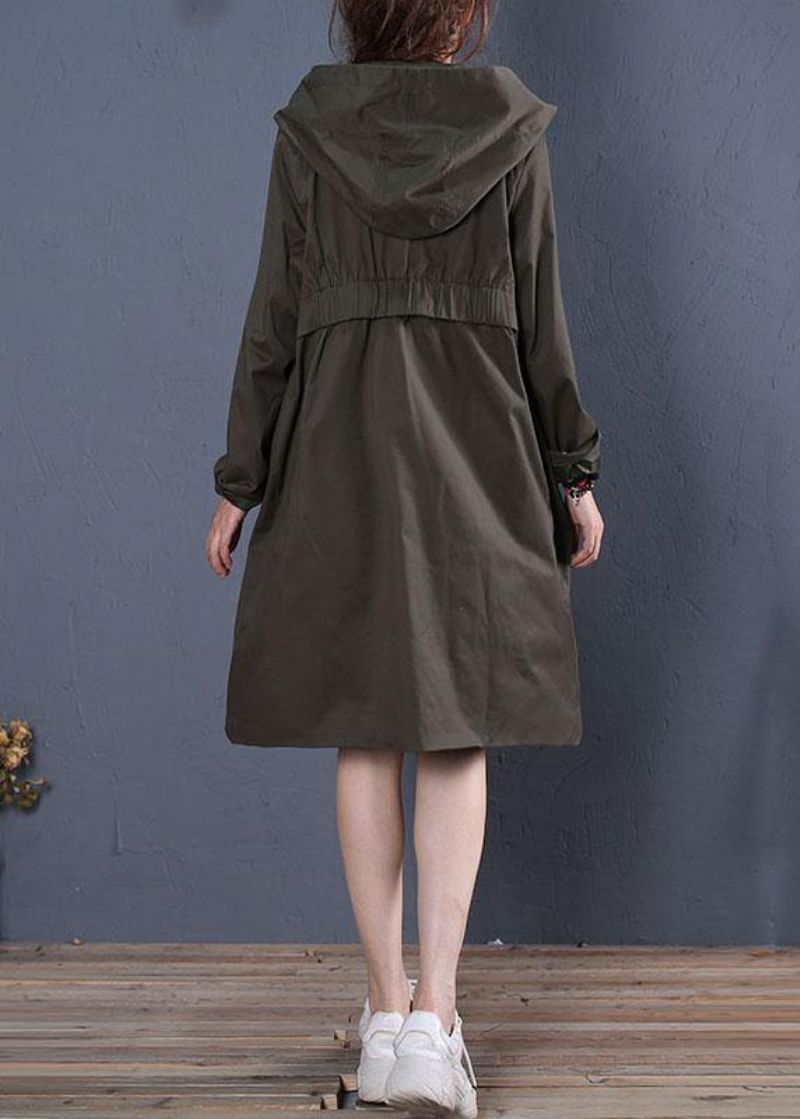 Boutique Oversized Middellange Jassen Herfstjas Grijsgroene Jas Met Ritssluiting En Capuchon - Dames trenchcoats