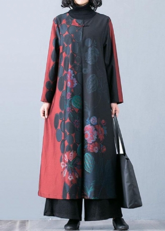 Boutique Oversized Rode Maxi Jas Herfst Trenchcoats Prints O Hals Chinese Knop Uitloper