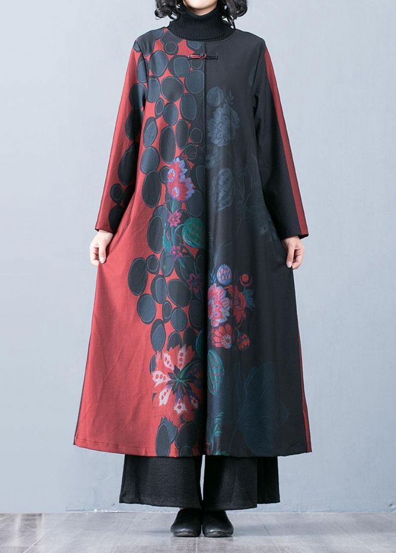 Boutique Oversized Rode Maxi Jas Herfst Trenchcoats Prints O Hals Chinese Knop Uitloper - Groen