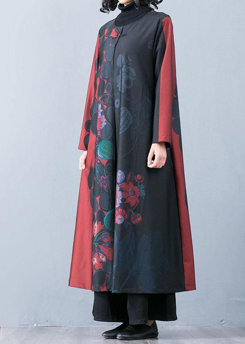 Boutique Oversized Rode Maxi Jas Herfst Trenchcoats Prints O Hals Chinese Knop Uitloper - Groen