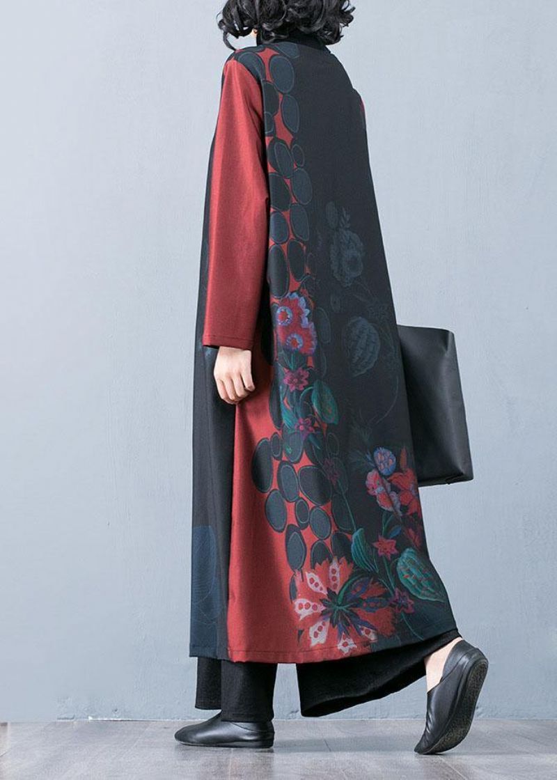 Boutique Oversized Rode Maxi Jas Herfst Trenchcoats Prints O Hals Chinese Knop Uitloper - Groen