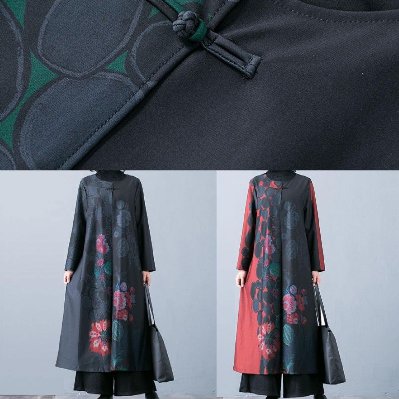 Boutique Oversized Rode Maxi Jas Herfst Trenchcoats Prints O Hals Chinese Knop Uitloper - Groen