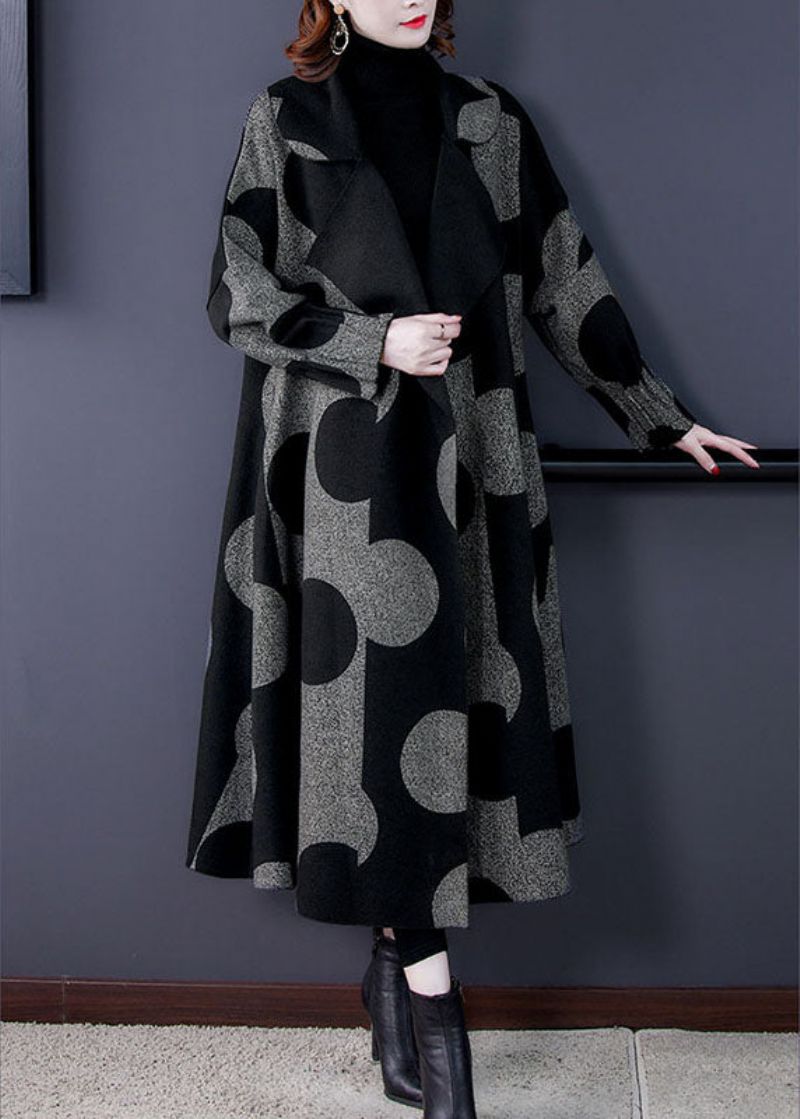 Boutique Zwarte Patchwork Stippenprint Losse Herfstjas Met Lange Mouwen - Dames trenchcoats