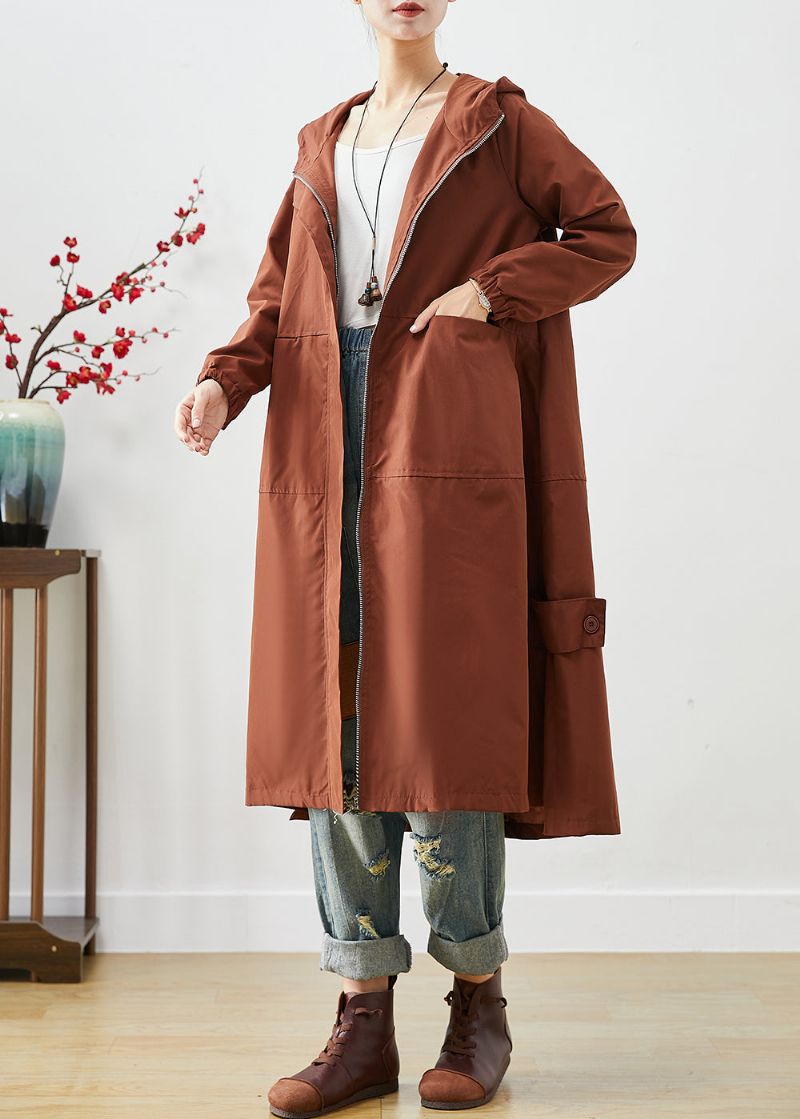 Bruine Oversized Spandex Trenchcoat Met Ritssluiting En Herfst