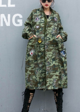 Casual Camouflage Klinknagelprint Zakken Herfst Denim Trenchcoats Met Lange Mouwen