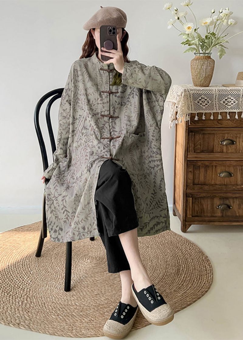 Casual Groene Oversized Linnen Jas Met Print Uitloper Herfst