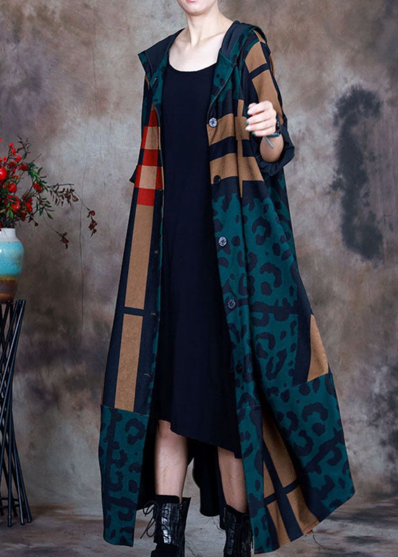 Casual Groene Patchwork Geruite Knopenprint Asymmetrisch Ontwerp Herfstjas - Dames trenchcoats