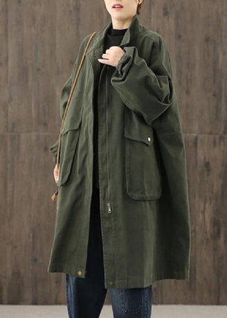 Casual Groene Peter Pan-kraag Zakken Met Ritssluiting Trenchcoats Katoen Met Lange Mouwen