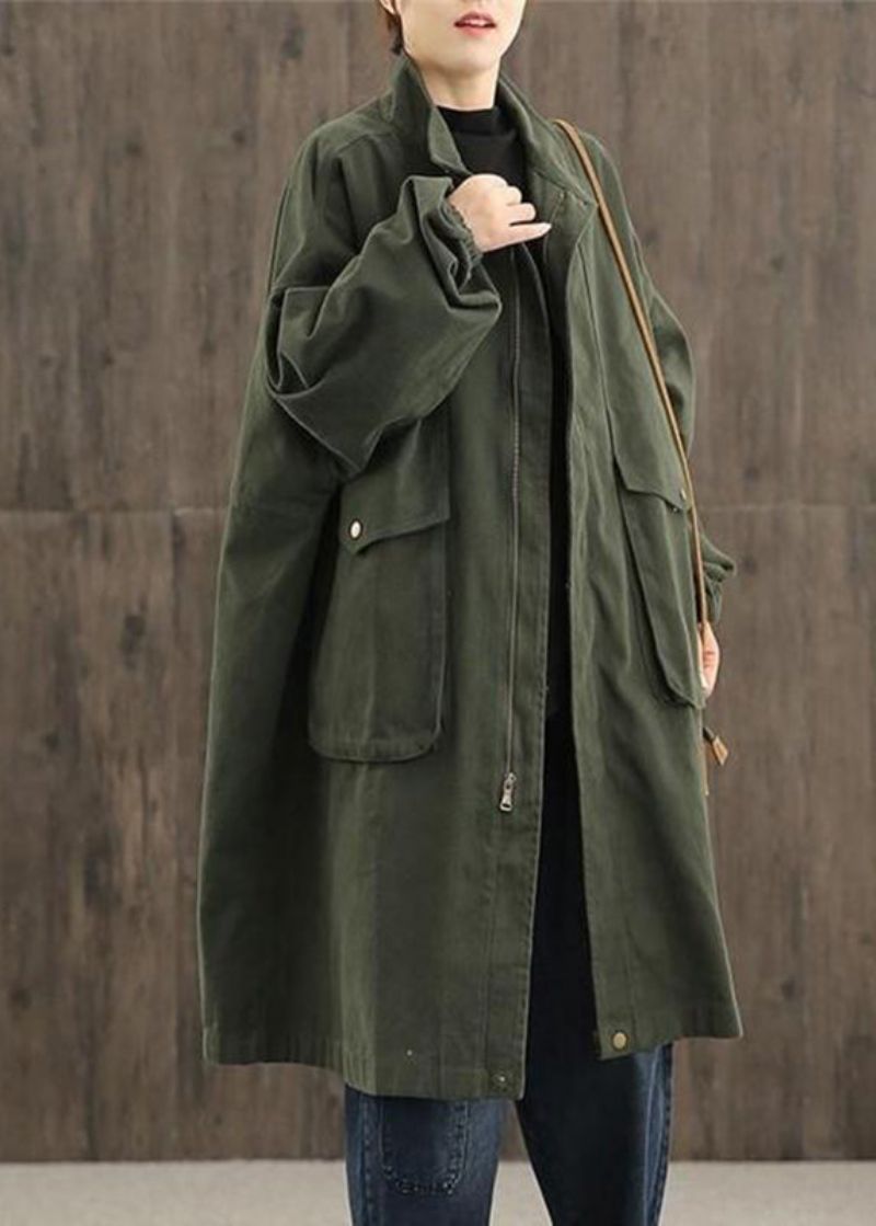 Casual Groene Peter Pan-kraag Zakken Met Ritssluiting Trenchcoats Katoen Met Lange Mouwen - Groen