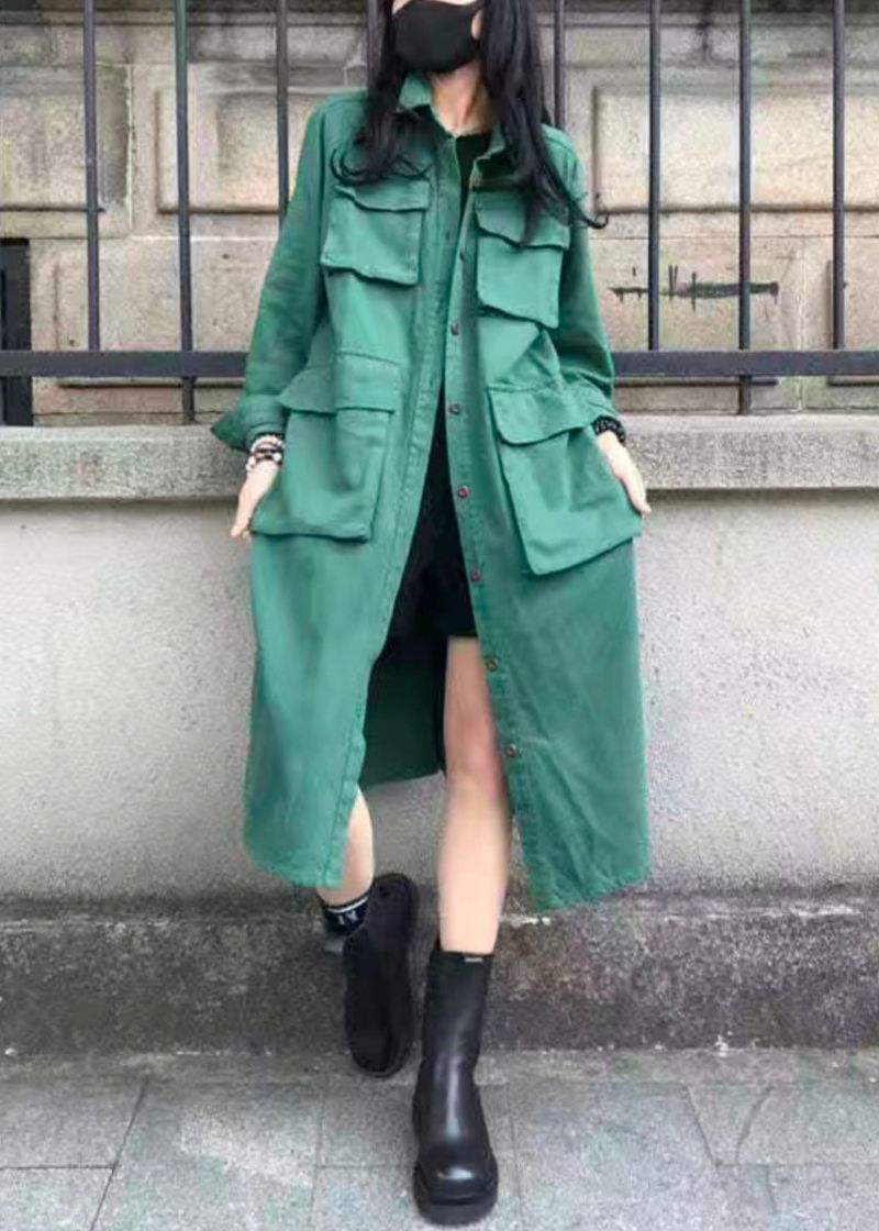 Casual Groene Peter Pan-kraag Zakken Patchwork Katoenen Trenchcoat Herfst