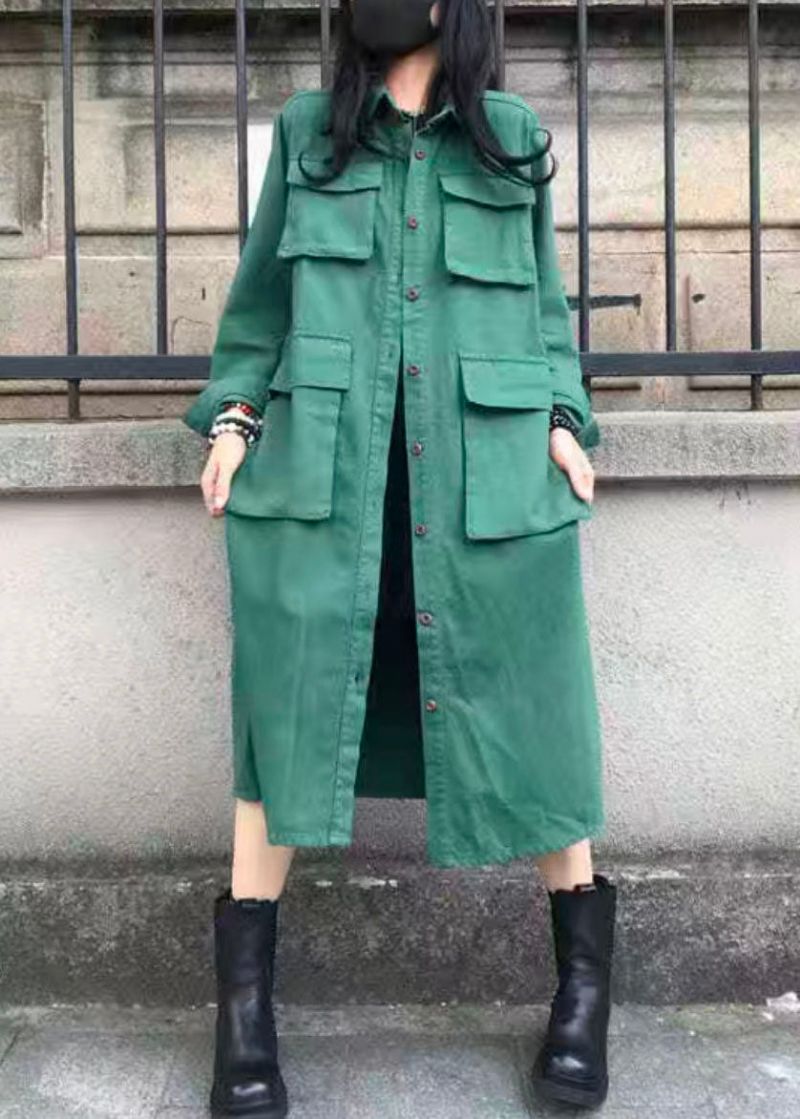 Casual Groene Peter Pan-kraag Zakken Patchwork Katoenen Trenchcoat Herfst - Dames trenchcoats