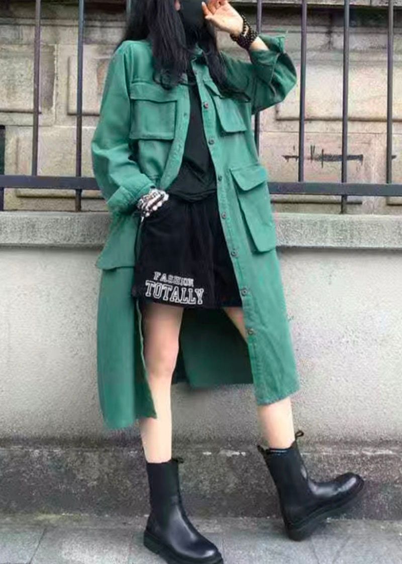 Casual Groene Peter Pan-kraag Zakken Patchwork Katoenen Trenchcoat Herfst - Dames trenchcoats