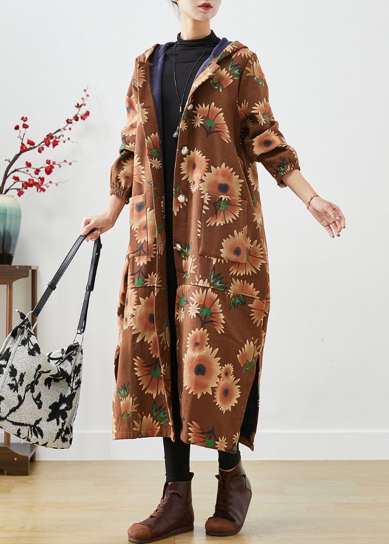 Casual Kaki Capuchon En Bloemenprint Warme Fleecejassen Winter - Dames trenchcoats