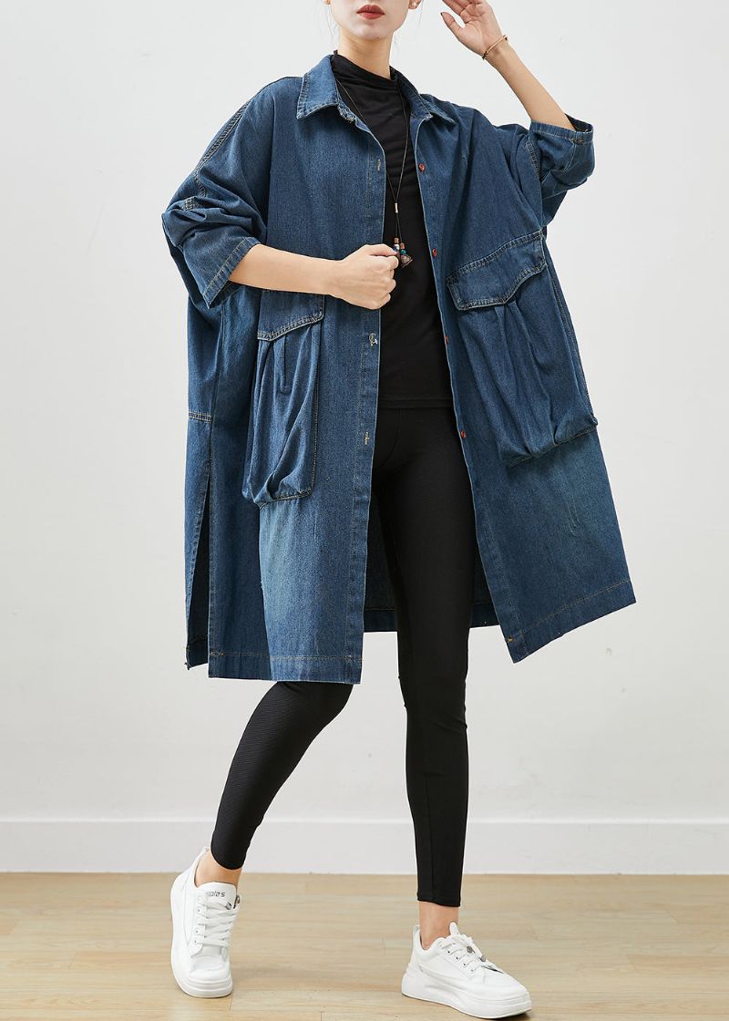 Casual Marineblauwe Oversized Denim Trenchcoat Met Grote Zakken Herfst