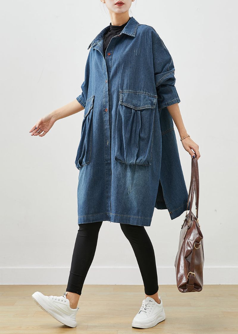 Casual Marineblauwe Oversized Denim Trenchcoat Met Grote Zakken Herfst - Dames trenchcoats