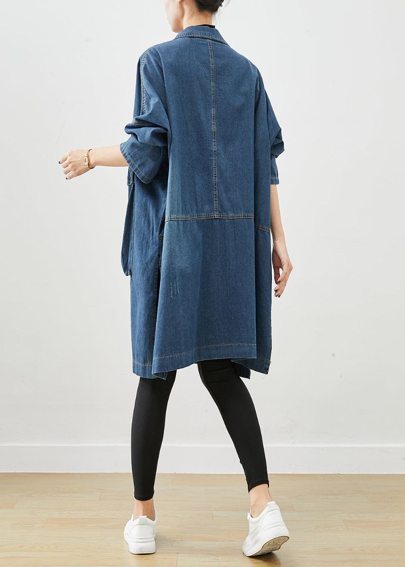 Casual Marineblauwe Oversized Denim Trenchcoat Met Grote Zakken Herfst - Dames trenchcoats