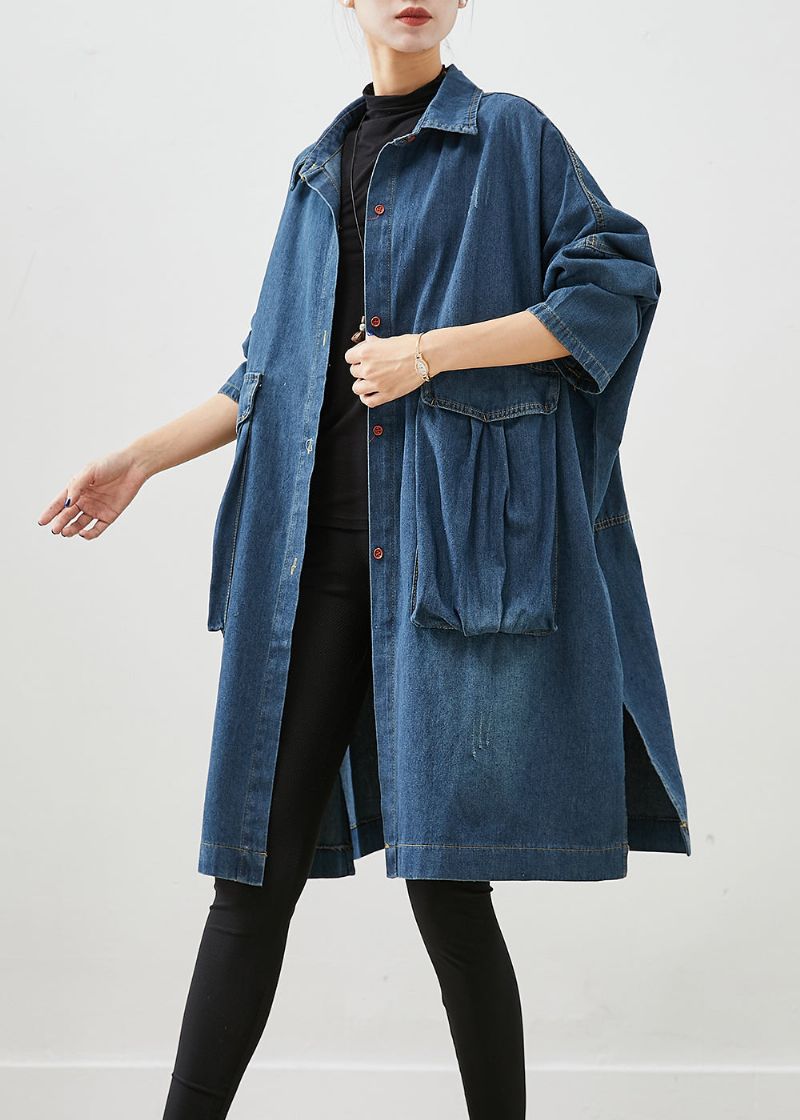 Casual Marineblauwe Oversized Denim Trenchcoat Met Grote Zakken Herfst - Dames trenchcoats