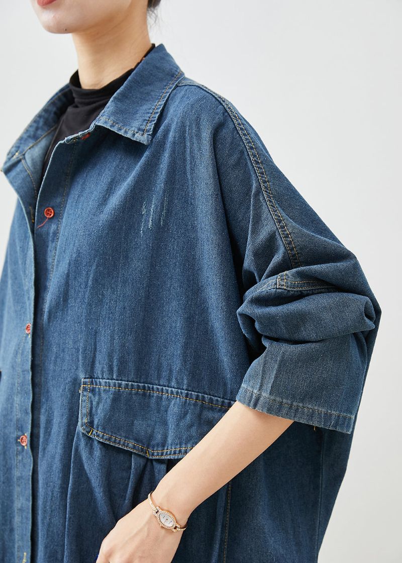 Casual Marineblauwe Oversized Denim Trenchcoat Met Grote Zakken Herfst - Dames trenchcoats