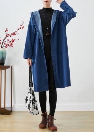 Casual Marineblauwe Oversized Katoenen Trenchcoats Met Capuchon Herfst