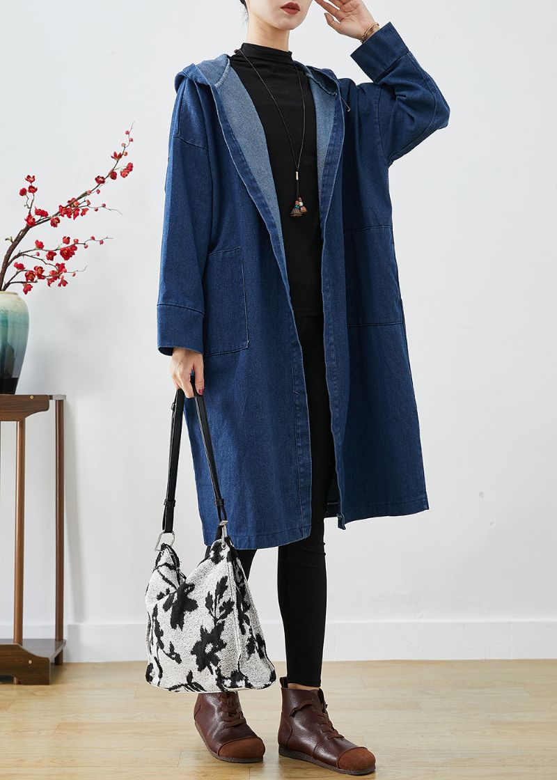 Casual Marineblauwe Oversized Katoenen Trenchcoats Met Capuchon Herfst - Dames trenchcoats