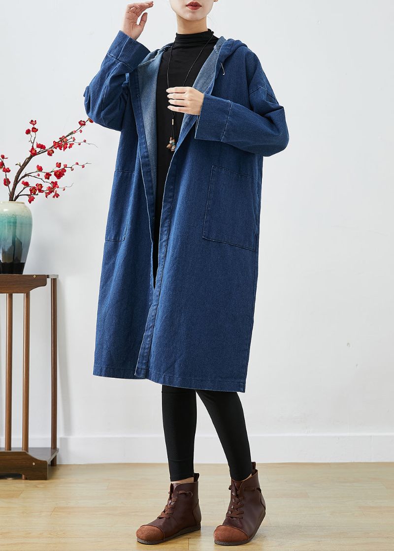 Casual Marineblauwe Oversized Katoenen Trenchcoats Met Capuchon Herfst - Dames trenchcoats