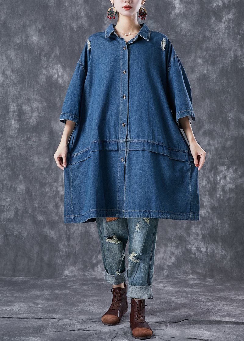 Casual Marineblauwe Oversized Patchwork Denim Gescheurde Trenchcoats Met Armbandmouw