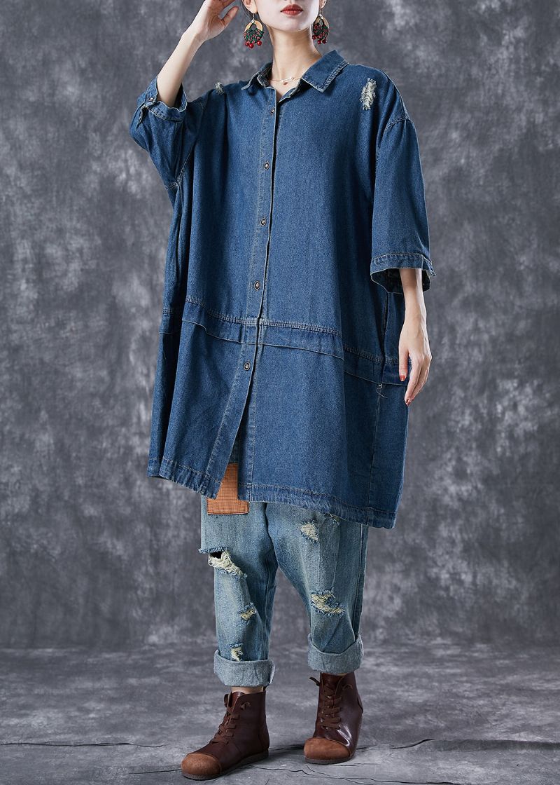 Casual Marineblauwe Oversized Patchwork Denim Gescheurde Trenchcoats Met Armbandmouw - Dames trenchcoats