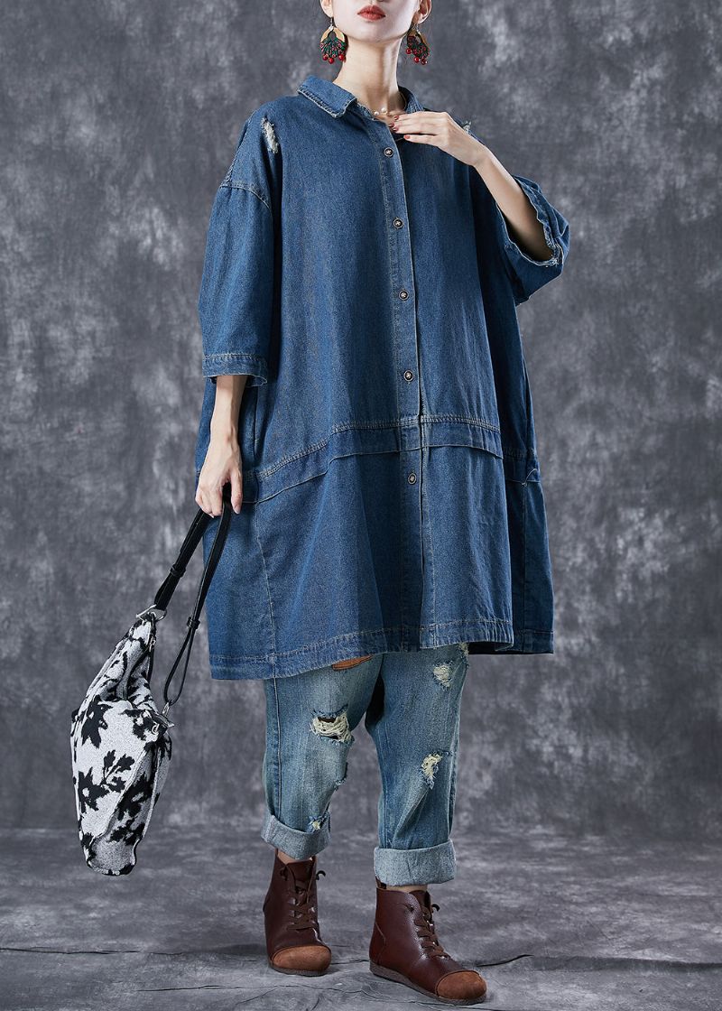 Casual Marineblauwe Oversized Patchwork Denim Gescheurde Trenchcoats Met Armbandmouw - Dames trenchcoats