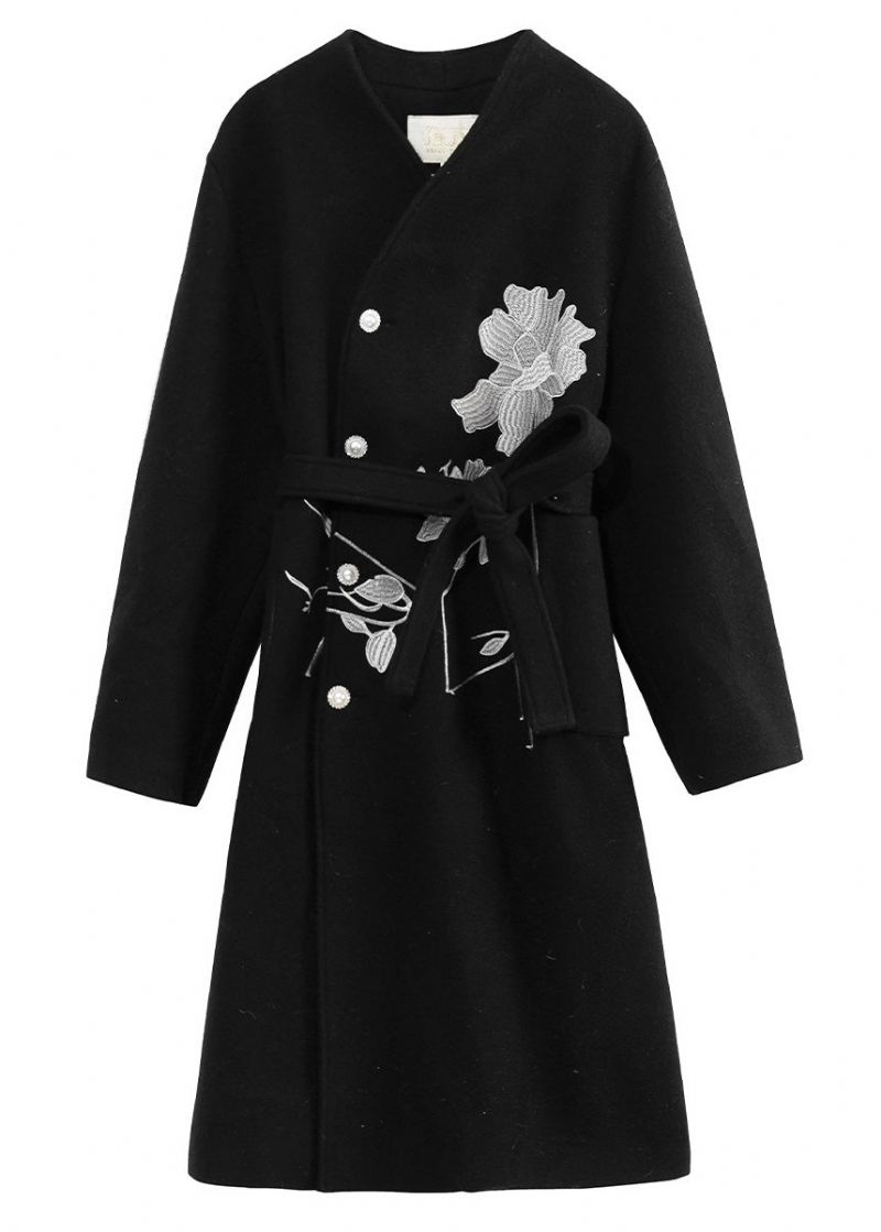 Casual Zwarte Opstaande Kraag Geborduurde Stropdas Taille Knop Dikke Wollen Lange Trenchcoat Winter - Dames trenchcoats